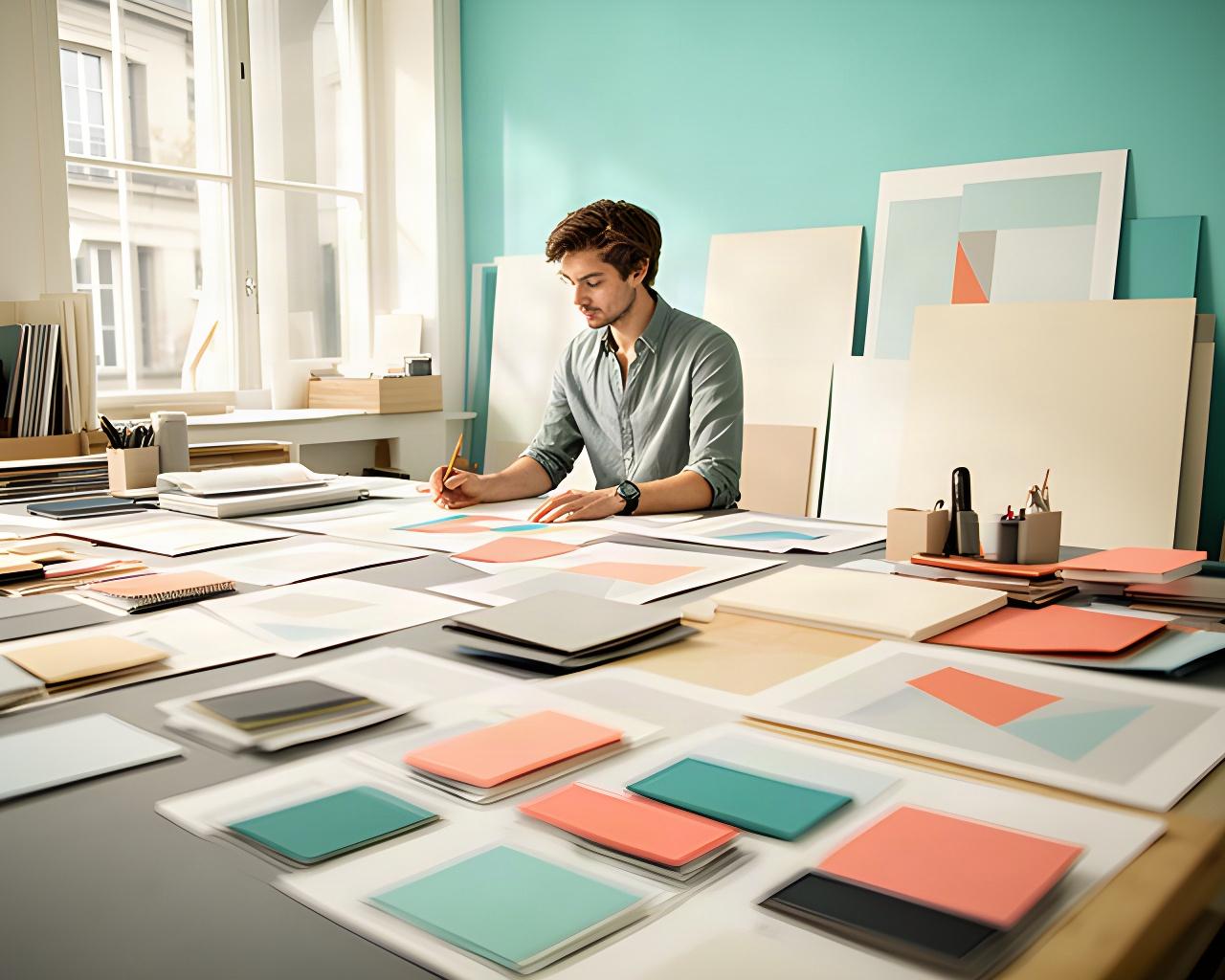 Grafikdesignerin arbeitet an einem Layout mit Papiermustern und Farbkarten in einem Zürcher Studio
