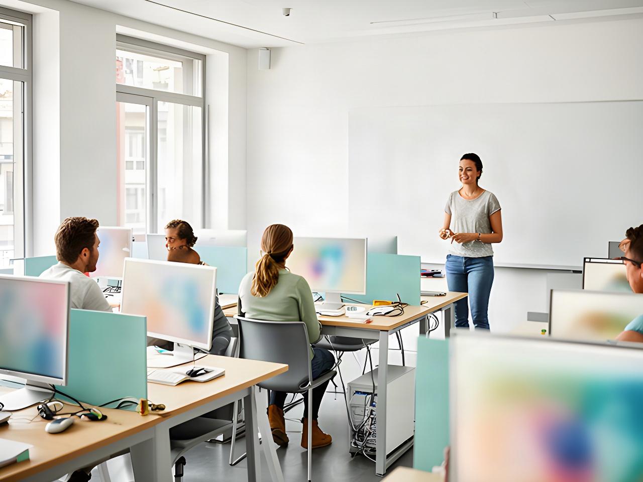 Helles digitales Klassenzimmer in Zürich mit Lernenden an Monitoren und einer Lehrperson am Whiteboard