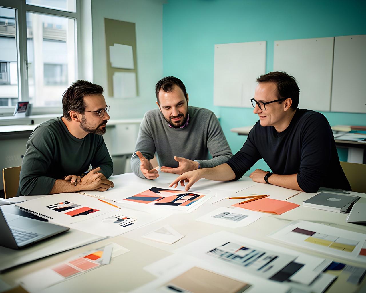 Drei erfahrene Grafikdesign-Trainer besprechen Entwürfe in einem Zürcher Studio mit grossen Arbeitsflächen