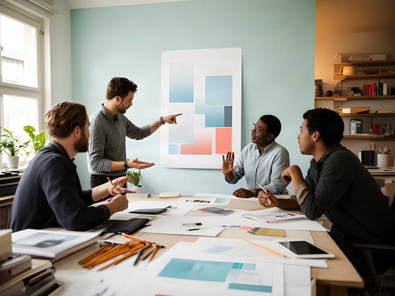 Designteam bespricht in einem Zürcher Studio gemeinsam ein grosses Plakat an der Wand