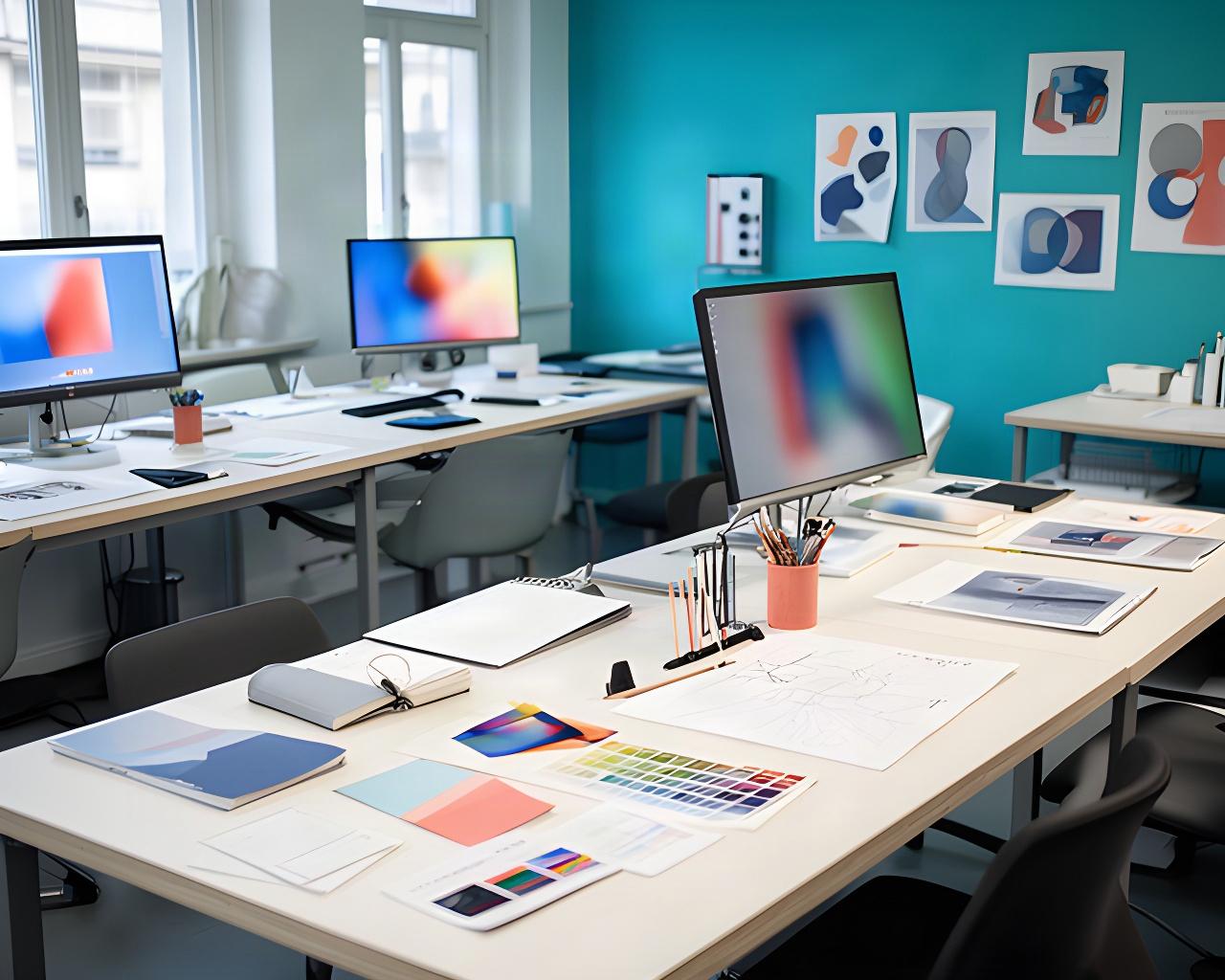 Arbeitsplätze für einen Grafikdesign-Workshop mit Monitoren, Skizzen und typografischen Entwürfen
