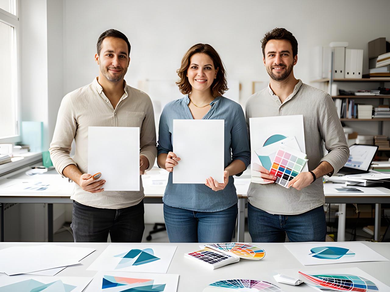 Drei Grafikdesign-Dozierende stehen mit Skizzen und Farbfächern im Zürcher Kursstudio