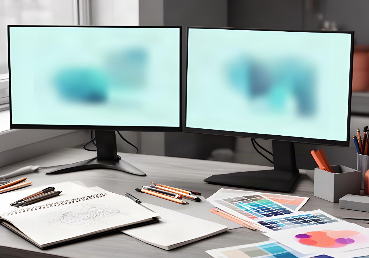 Moderner Grafikdesign-Arbeitsplatz mit Monitoren, Skizzenbuch und geöffneten Adobe-Creative-Cloud-Anwendungen