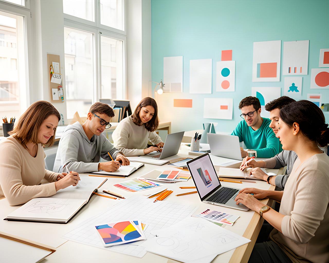 Kleine Workshop-Gruppe arbeitet mit Skizzen, Farbkarten und Laptops in einem hellen Zürcher Kursraum