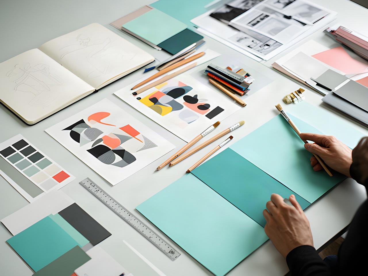 Aufgeräumte Lernumgebung mit Skizzen, Farbmustern und gedruckten Grafikdesign-Arbeiten