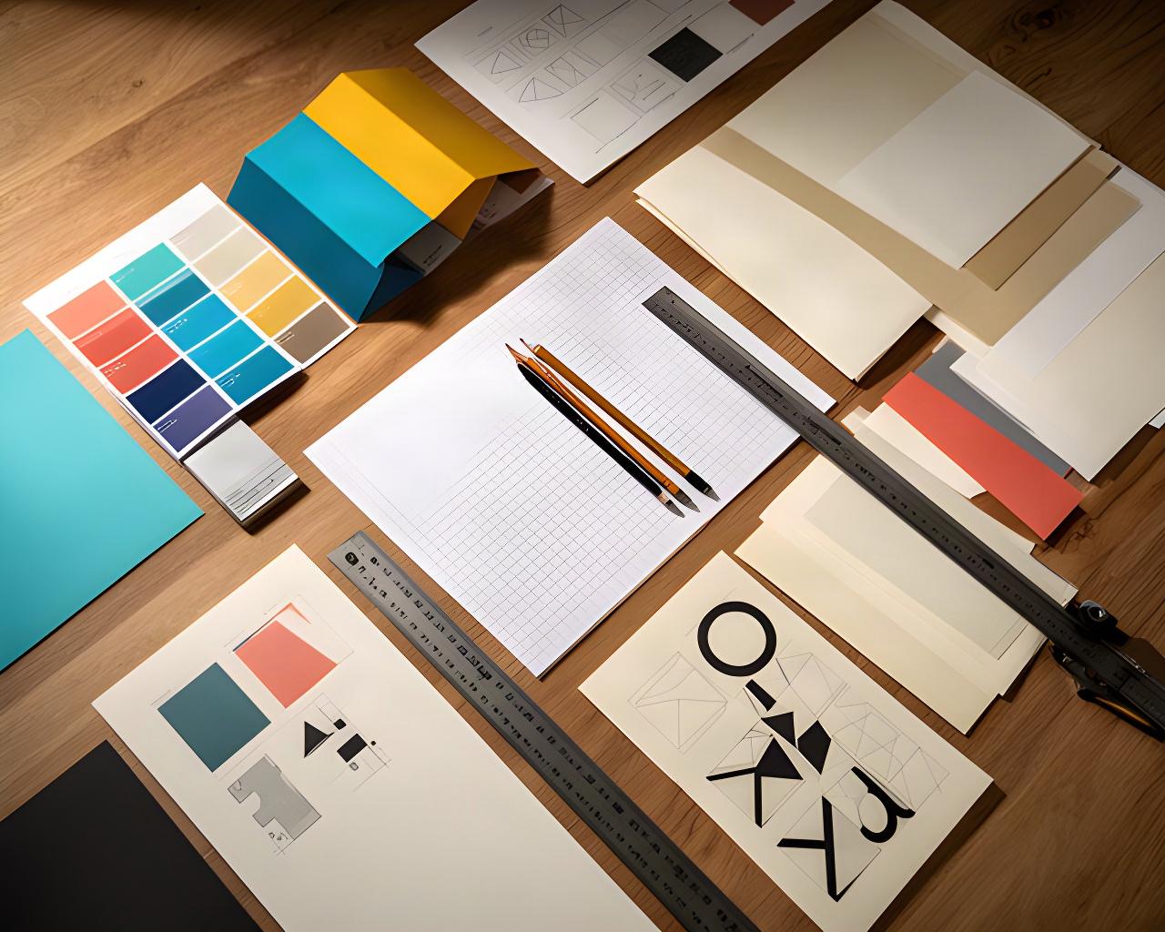 Arbeitsmaterialien für Grafikdesign mit Farbfächern, Rasterpapier und typografischen Entwürfen auf einem Holztisch